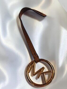 Authentic Michael Kors Brown Pebbled Leather & Gold-Tone MK Logo Bag Charm